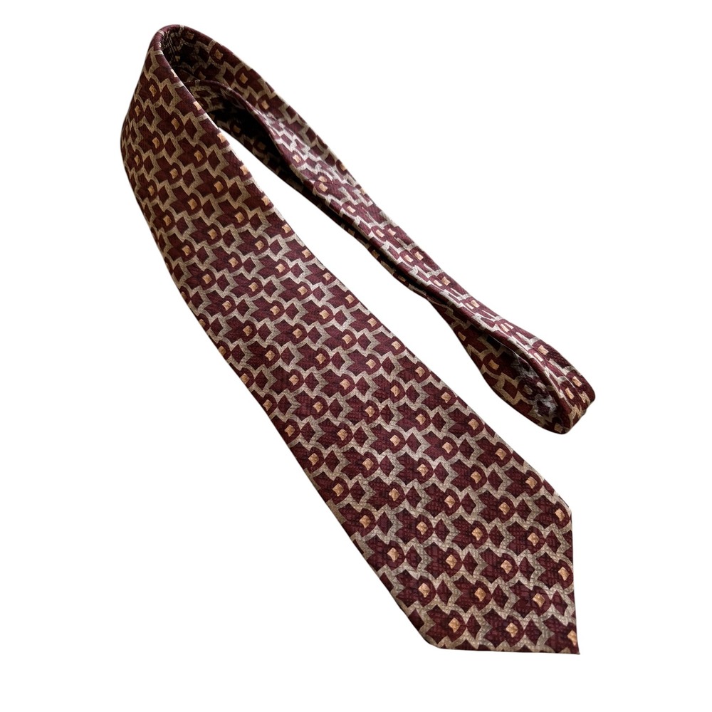 Carlos Devenezia Roma Barcelona Mens Silk Tie Burgundy Geometric Lattice Pattern